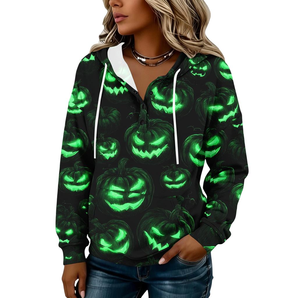 Women's Halloween Print Hoodie Button Front Long Sleeve Sweatshirt