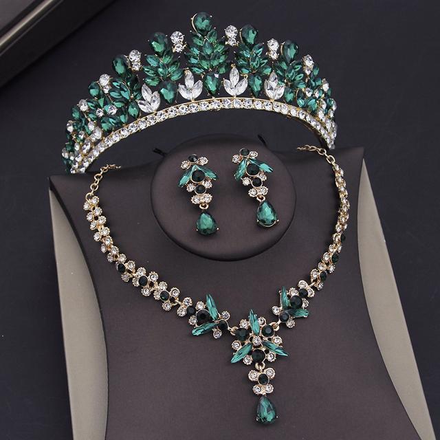 Luxury Leaves Crystal Bridal Jewelry Sets for Women Tiaras Necklace Sets Bride Wedding Dress Crown Headpiece Costume Accessories