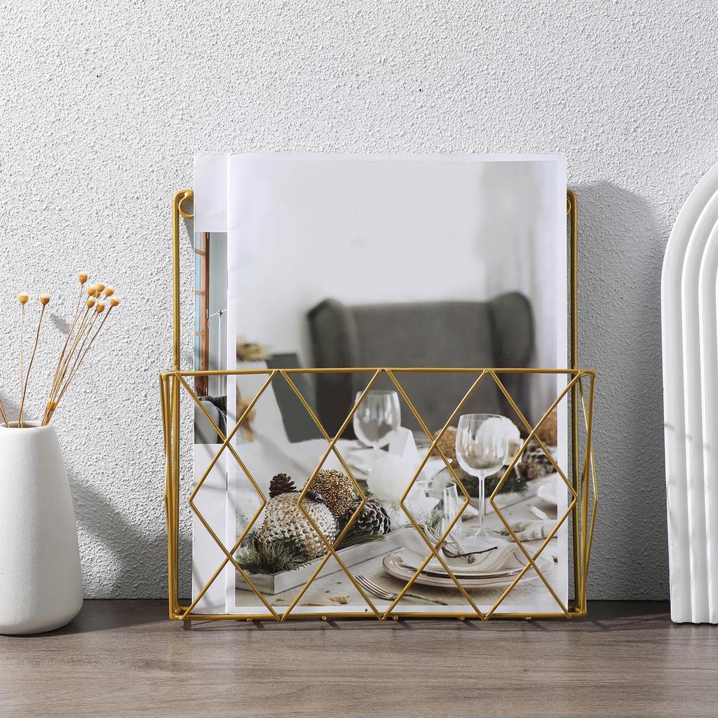 NUOLUX Wall-Mounted 3-Tier Gold Metal Magazine Rack, Magazine, File, Newspaper Storage Rack, Bookstand for Office and Home