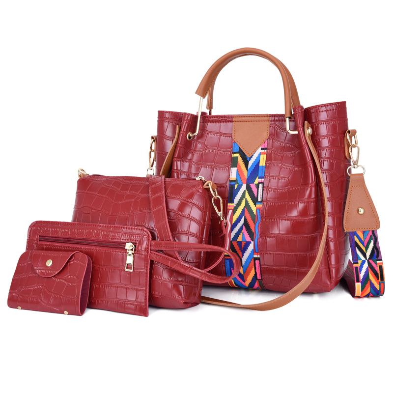 New Fashion Four-piece Mother and Child Bag Patent Leather Stone Pattern Splicing Contrasting Color One Shoulder Crossbody Handbag Colored Women's Bag