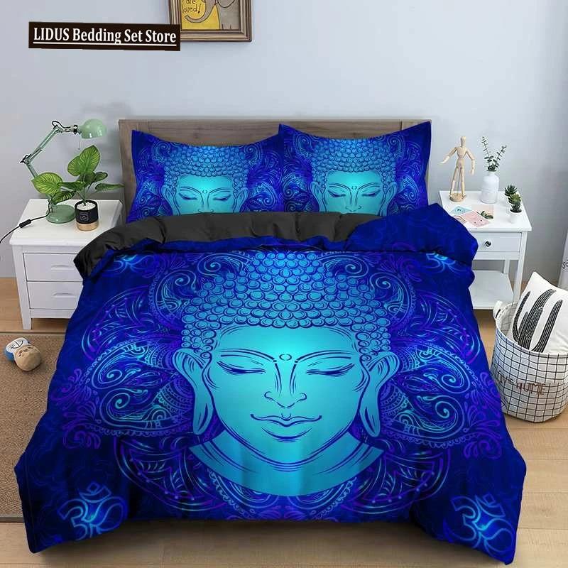Buddha Bedding Set Indian Religion Buddhism Meditation Mandala Duvet Cover Smile Buddha Floral Soft Quilt Cover Queen King Size