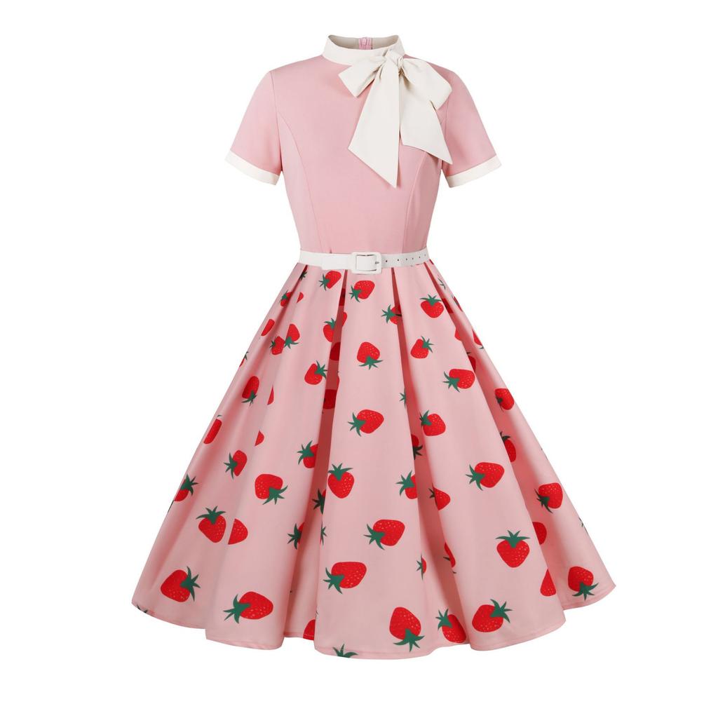 Women's Fashionable Retro Hepburn-Print Floral Polka Dot Bow Dress For Summer