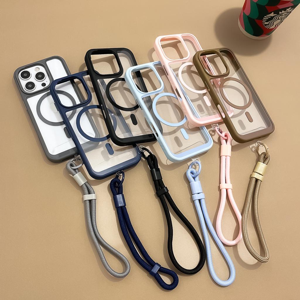 Applicable to iPhone16promax mobile phone case transparent magnetic suction Apple 15 adjustment hand rope acrylic anti-drop protection