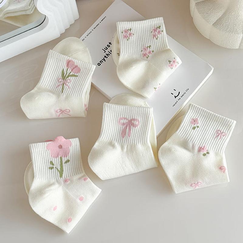 5/10 Pairs Women Bow Print Mid Tube Socks Spring Summer Sweat Absorbing Breathable Sweet Styles Flower Pattern Casual Socks
