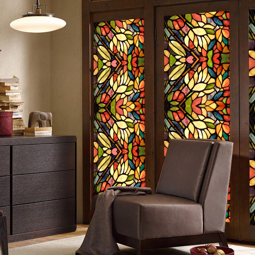 Retro Flower Stained Glass Window Film Removable Bathroom Window Film Window Decals Static Clings