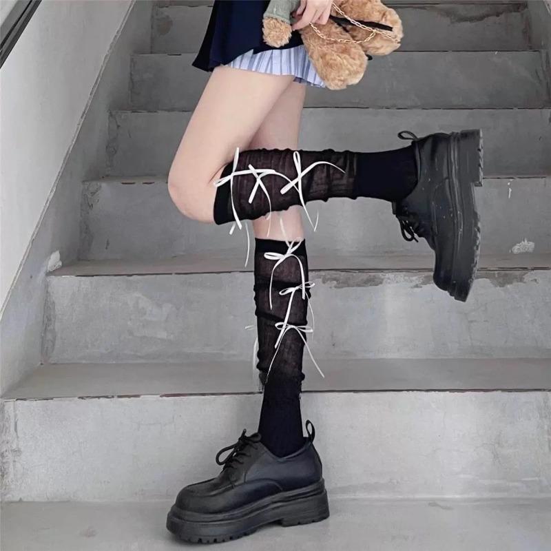 Pure and Elegant White Women's Bow-tied Calf Socks, Ballet Style, Piled-up Socks, Women's Spring and Summer Light School Style