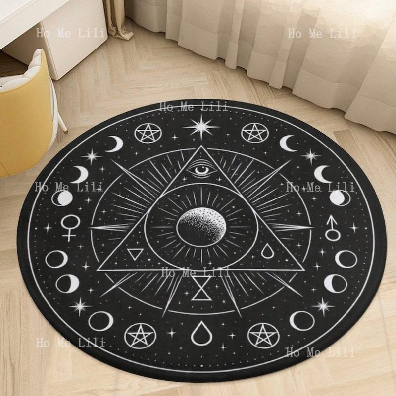 Occult Sacred Geometry Moon Carpet Gothic Celestial Mystical Eye Symbol Round Rug Floor Mat Witchy Room Accent Goth Decor