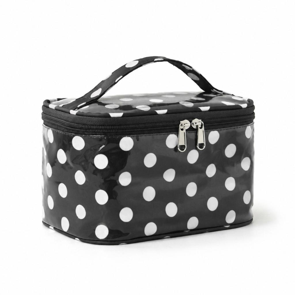 Polka Dots Travel Make-up Bag with Compartments – Coated Cosmetic Bag for Women, Waterproof, Portable, Flat-Folding Toiletry Bag
