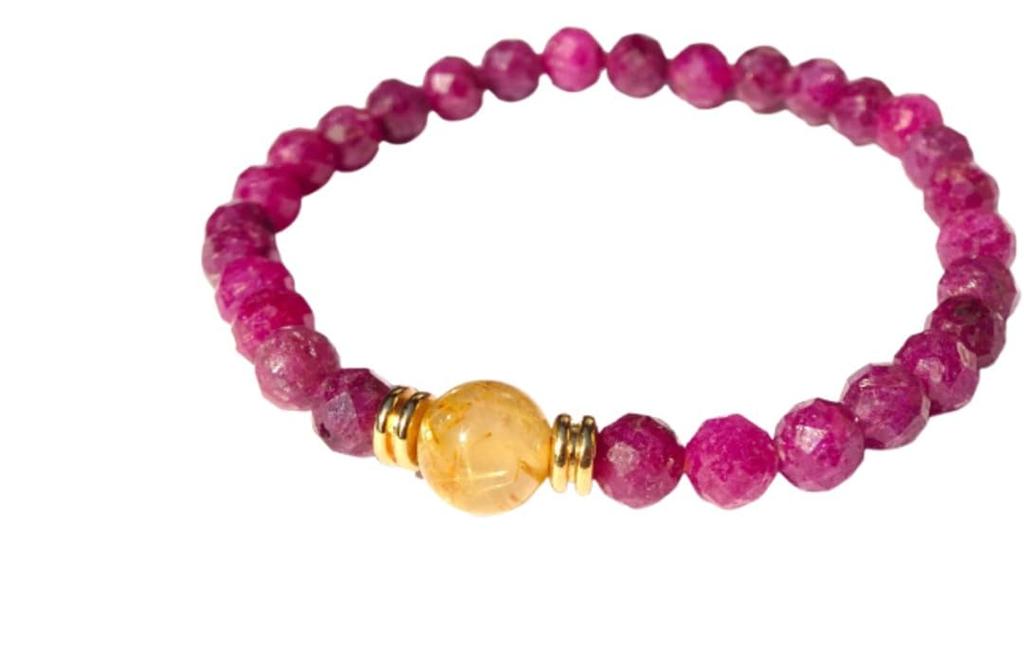 For Good and Ruby and Gold Rutilated Quartz Bracelet for Women Natural Power 8mm 16cm [Amulet Relationships, Dreams, Love] - Stone, (Purification,