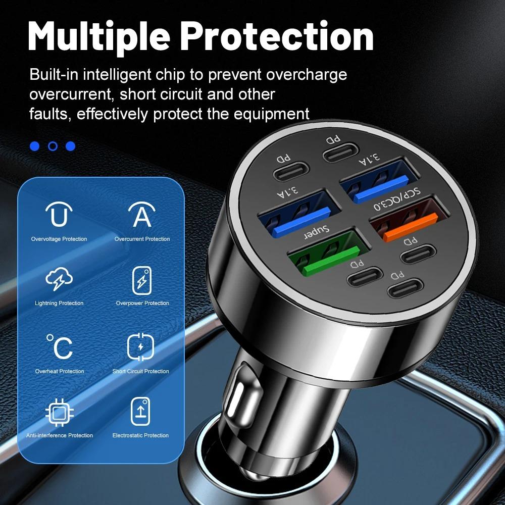 100W 10 portů Nabíječka do auta Rychlé nabíjení PD QC3.0 USB C Nabíječka do auta pro telefon Typ C Adaptér do auta Pro iPhone Samsung Huawei Xiaomi