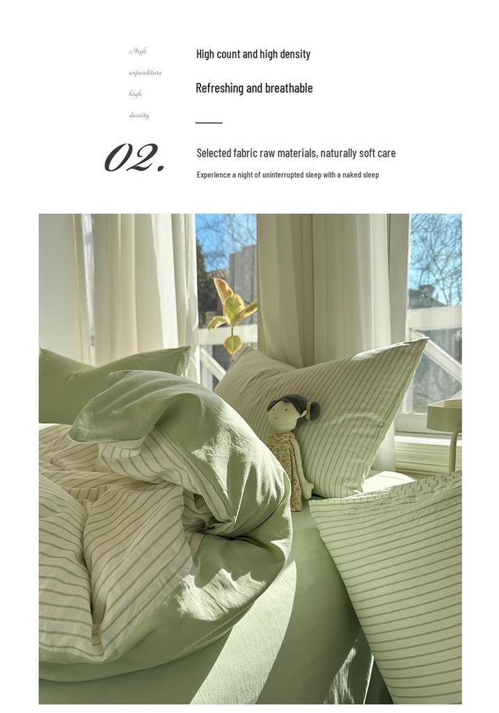 Ins Style Cotton Brushed Stripe Bedding Set: Skin-Friendly Bed Sheet, Duvet Cover, and Bed Skirt for Student Dorms