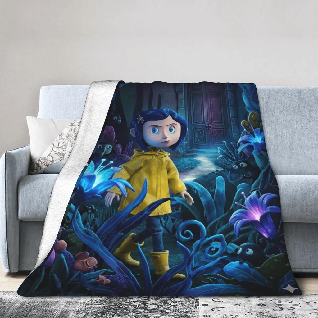 Warm Throw Blanket Plane Travel Horror Cartoon C-Coraline Blanket Flannel Bedspread For Sofa Home Novelty Sofa Bed Cover