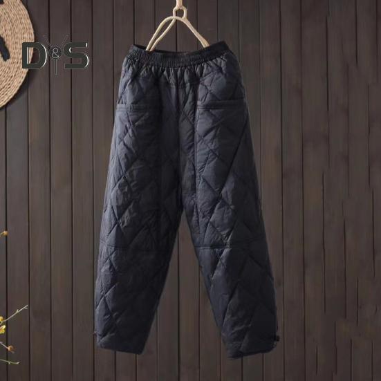 Damskie spodnie zimowe W pasie Wyściełane grube, jednokolorowe Luźne, miękkie, ciepłe kieszenie Rombowa tekstura Retro Casual Do kostek Damskie spodnie jesienne