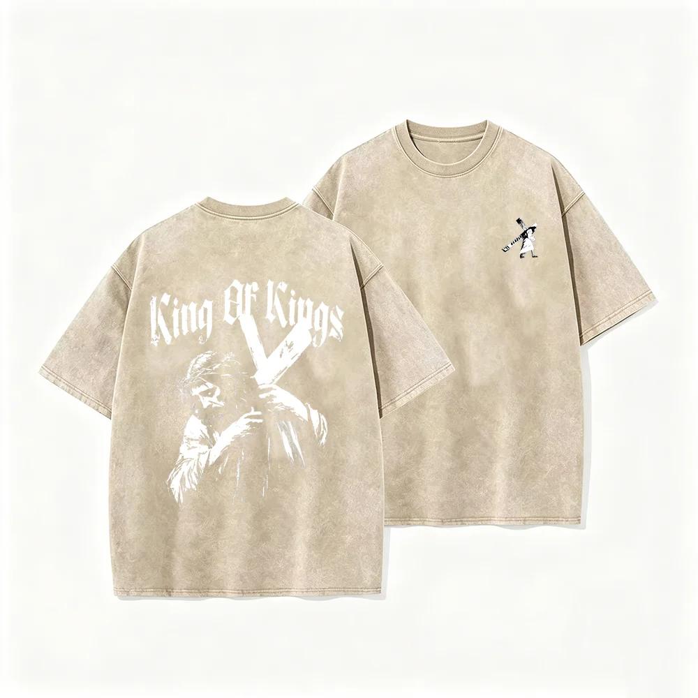 2026 Vintage Gothic King Of Kings Jesus Cross Graphic Black Acid Washed T Shirt Religious Faith Front Back Print Oversized Unise