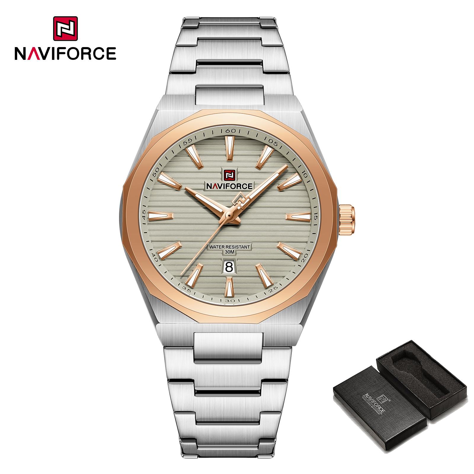 

Naviforce Оригінальний чоловічий годинник Простий циферблат Водонепроникний 30м Календар Ремінець з нержавіючої сталі Світні стрілки Чоловічий модний повсякденний годинник NF9274 срібний/рожевий колір золота