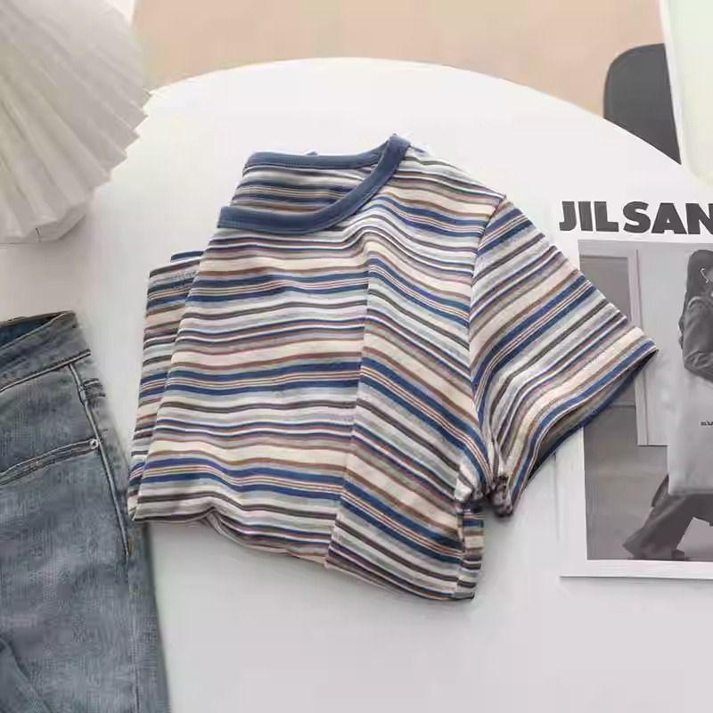 

Brand Store Women s Wear Export Clearance of Original Order K-style Retro Mixed Color Stripe Tops Short-Sleeved T-shirt Non-Collision Blue T-Shirt S
