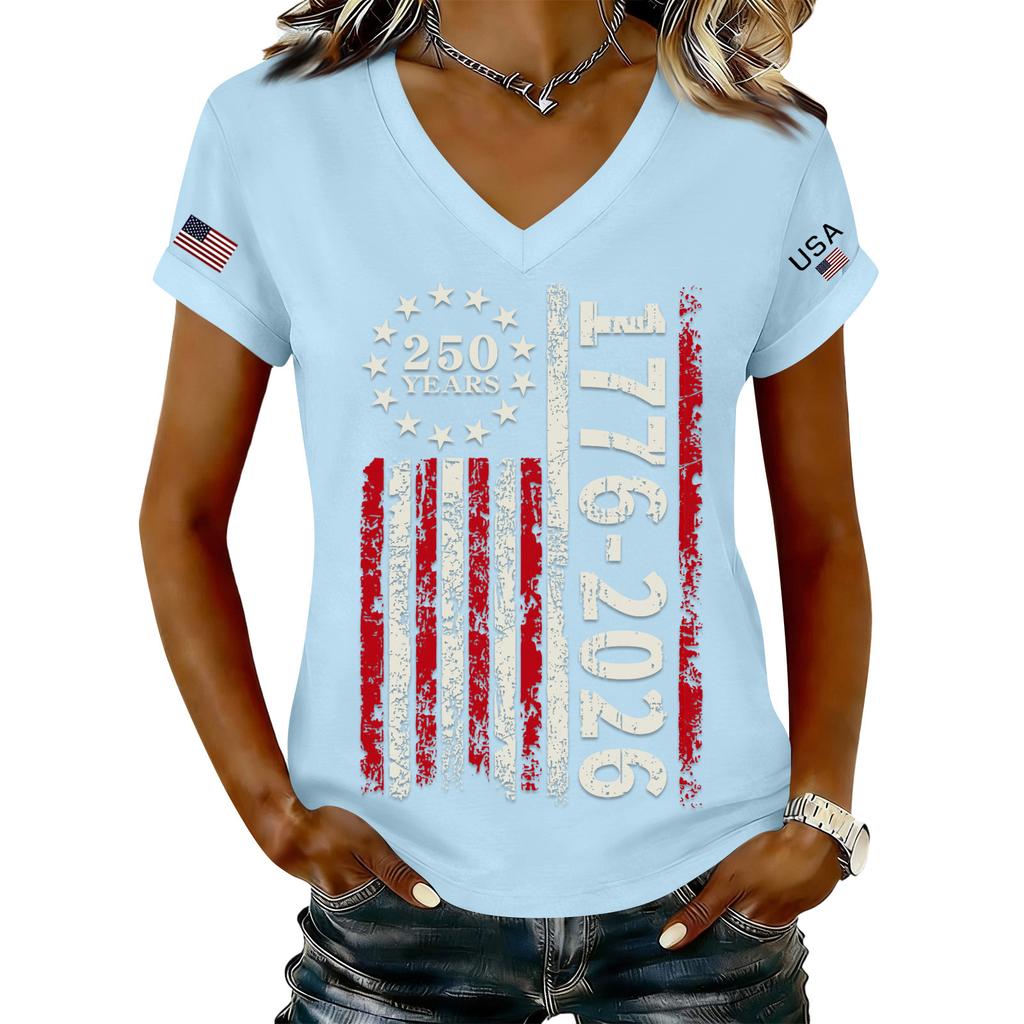 Women's Fashionable V-Neck Casual Retro Print Short Sleeved T-shirt Top
