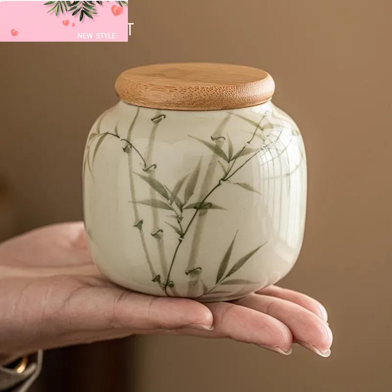 Chinese Ceramic Tea Caddy Hand-painted Bamboo Leaf Tea Jar Travel Tea Bag Tieguanyin Sealed Container Storage Tank Teaware
