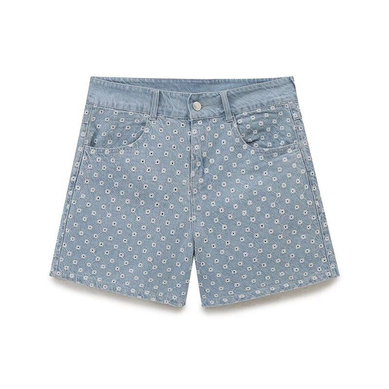Fashion Style 2024 Autumn New Women's Clothing Mid-Rise Waist Hollow Embroider Casual All-Matching Denim Shorts 6147118