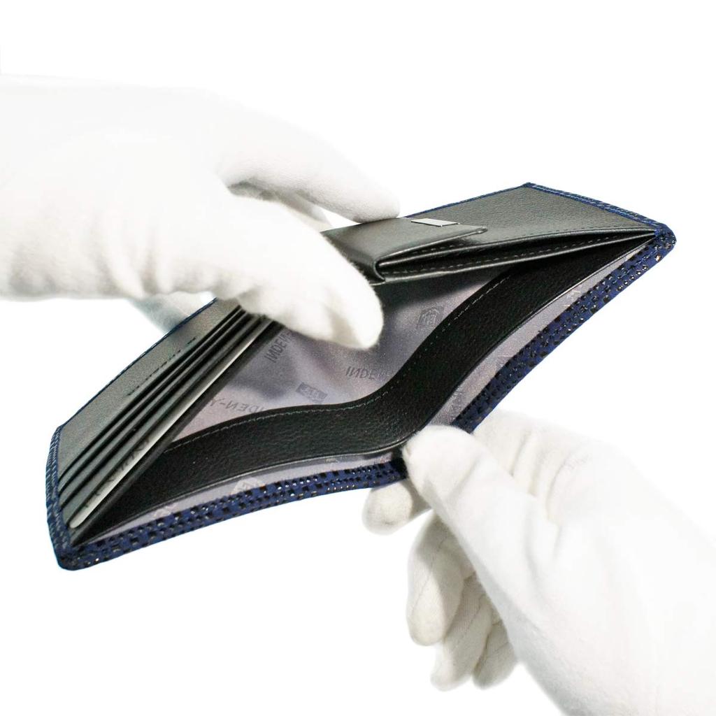 [Inden-ya] Inden Bifold Wallet with Bill Compartment C, Thin Deerskin Leather, Navy Blue with Black Lacquer, Small Checkered Pattern, 2003-04-167