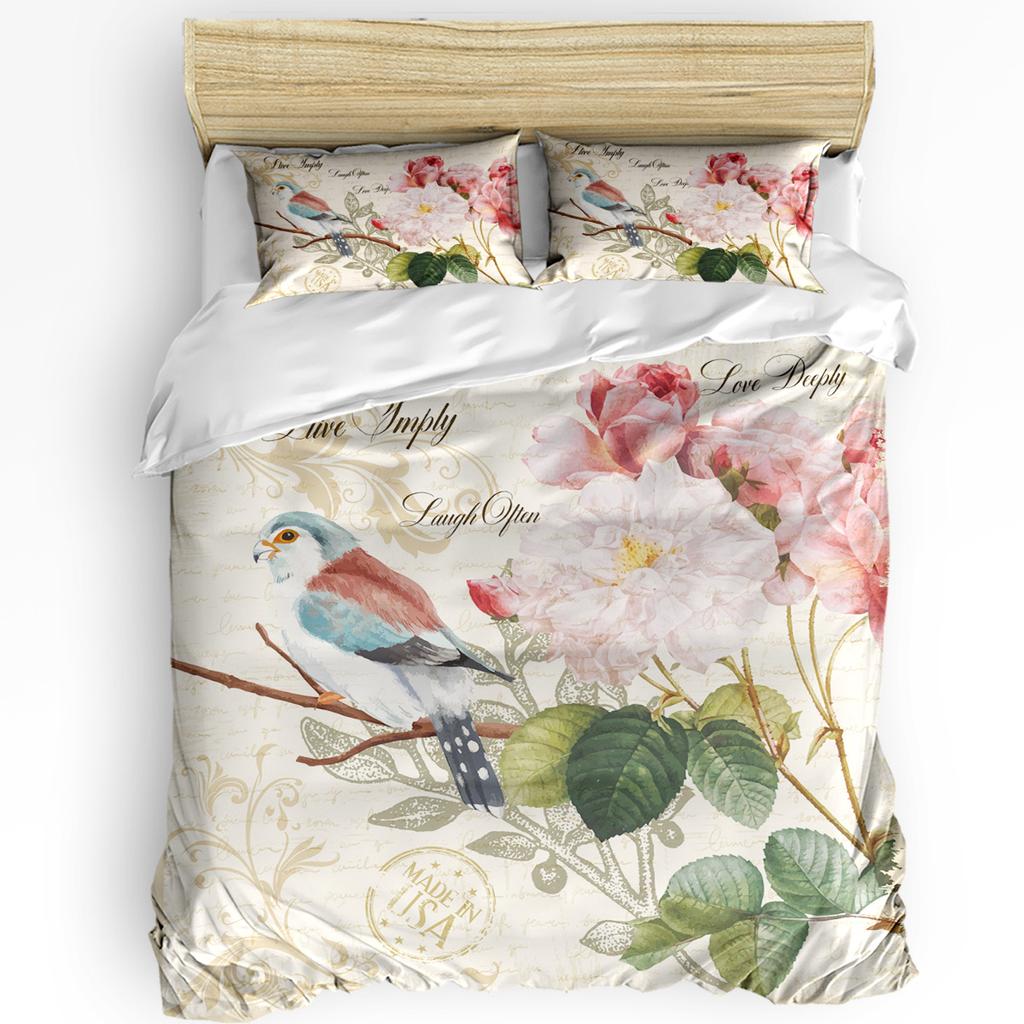 Vintage Letter Bird Rose Flower Retro Duvet Cover with Pillow Case Custom 3pcs Bedding Set Quilt Cover Double Bed Home Textile