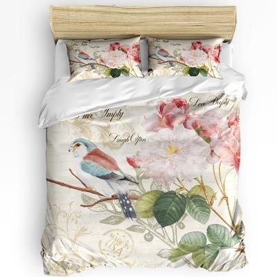 Vintage Brief Vogel Roos Bloem Retro Dekbedovertrek met Kussensloop Aangepaste 3-delige Beddengoedset Dekbedovertrek Tweepersoonsbed Home Textiel
