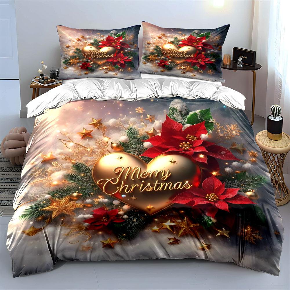 Golden Merry Christmas Design Bedding Duvet Cover Set Duvet Cover Pillowcases (1*Duvet Cover 2*Pillowcases, without duvet insert)
