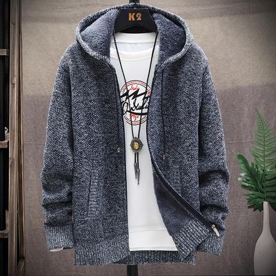 Men's Casual Cardigan Sweater Jacket Knitted Sweater Hooded Hoodie Plush Thickened Sweater