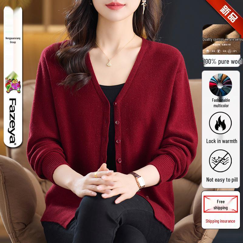 Women's V-Neck Pure Wool Cardigan Sweater - Solid Color, Long Sleeve, Trendy Casual Outerwear.