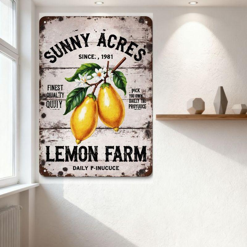 Vintage Style Sunny Acres Lemon Farm Metal Tin Sign, Weathered Wood Texture, Lemons Flowers Design, Rustic Farmhouse Decor for C