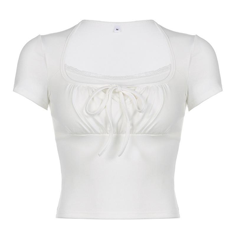 

Лето 2024, милая кружевная белая футболка с квадратным вырезом и короткими рукавами, женская облегающая элегантная винтажная женская футболка 24279 M белый