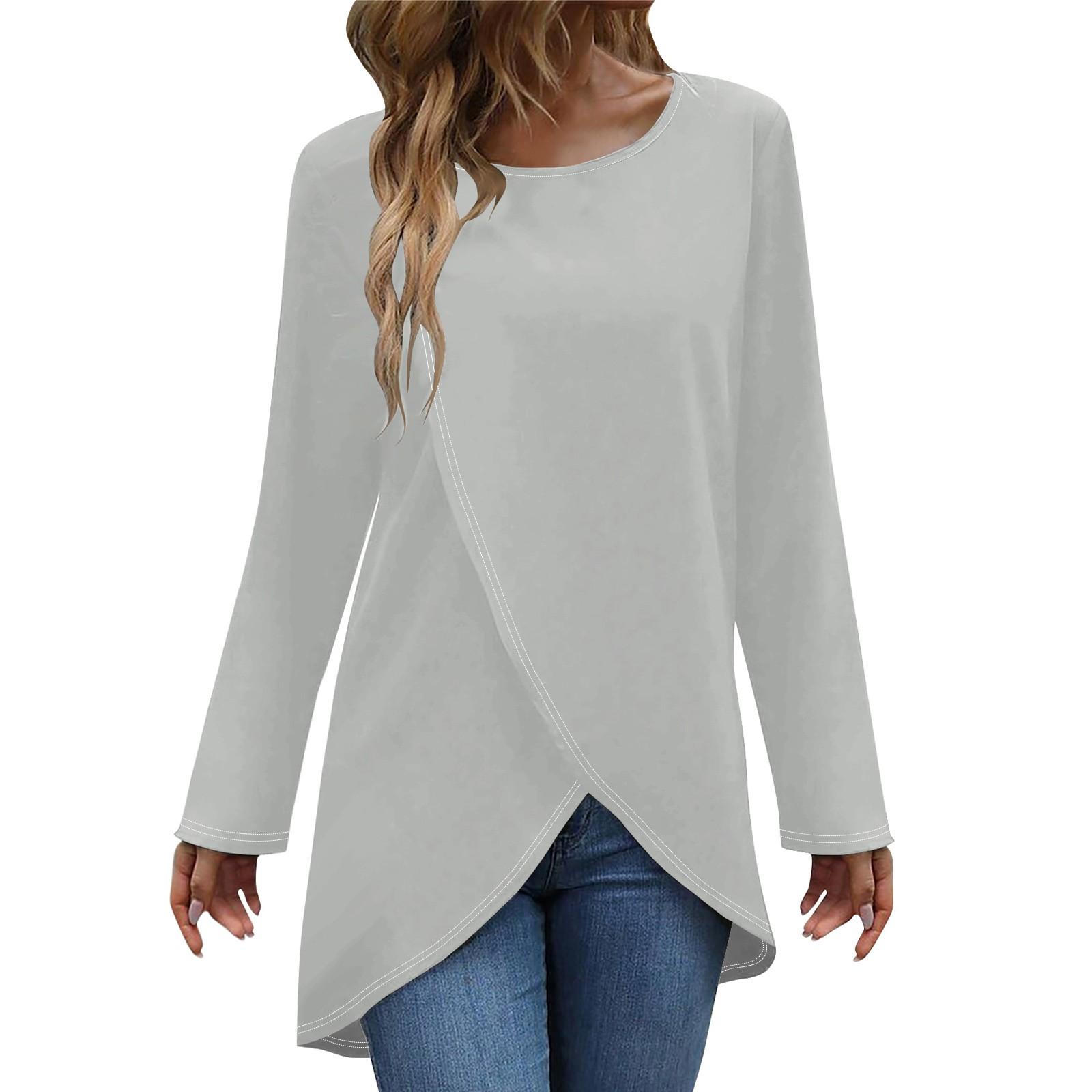 

Женская модная повседневная однотонная футболка с длинным рукавом и круглым вырезом с перекрестным подолом, топ XXL