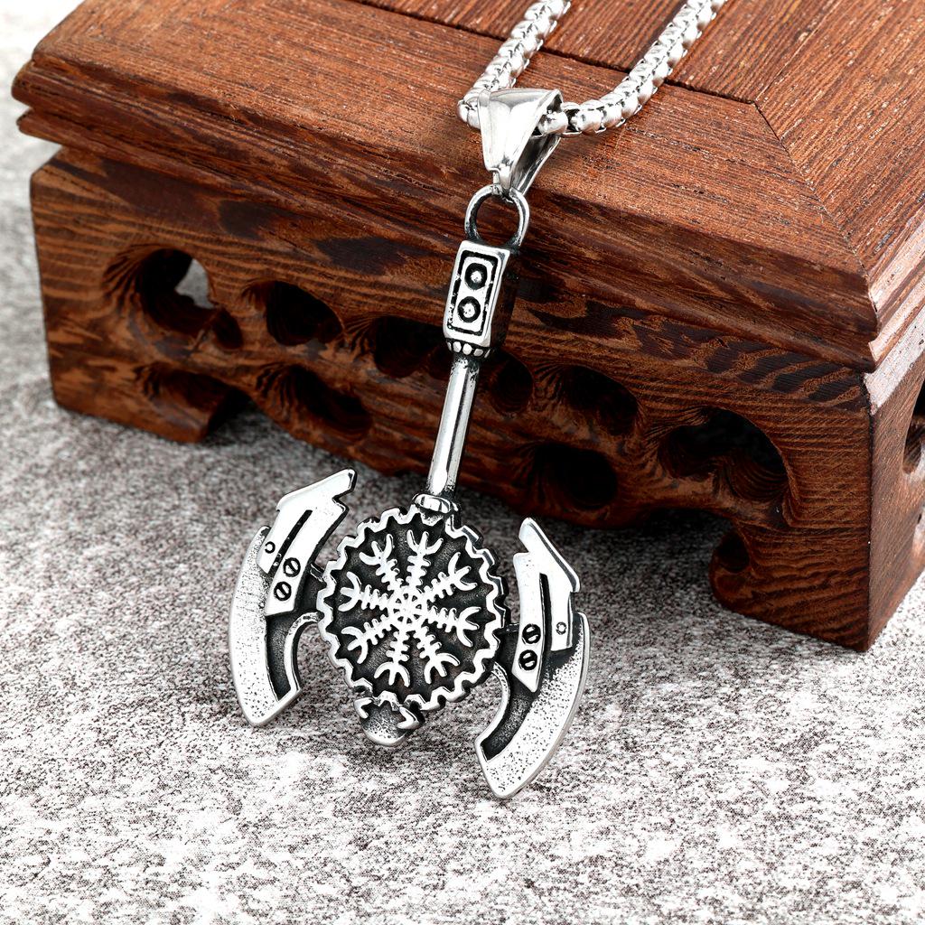 Nordic Style Viking Stainless Steel Double-Headed Axe and Snowflake Pendant.