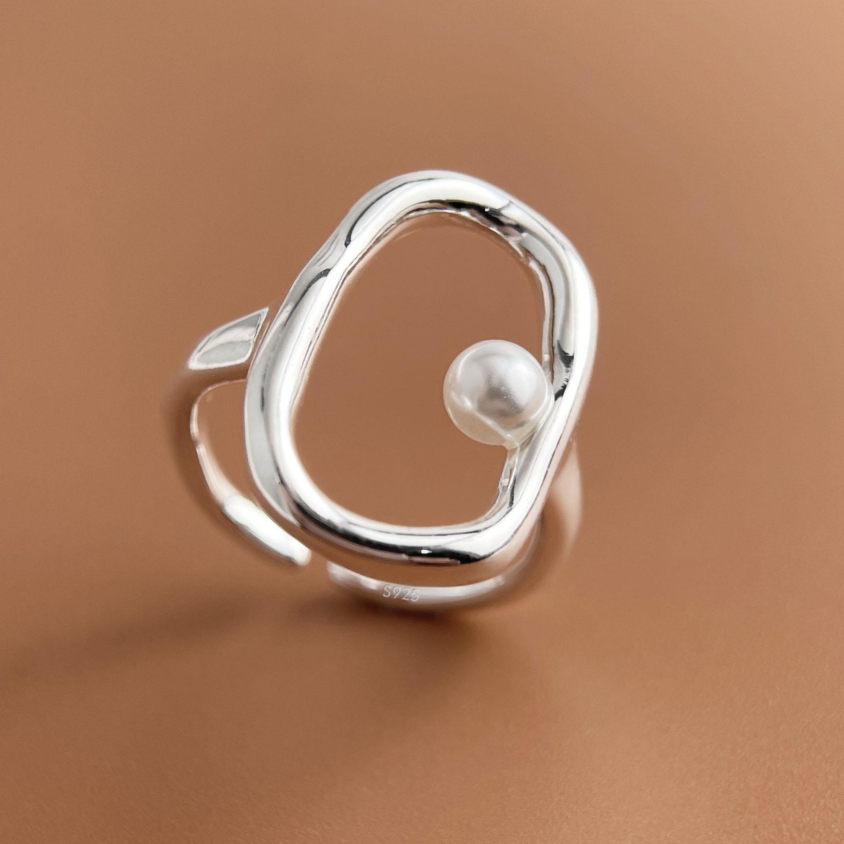 

925 Sterling Silver Rings for Women Couple Minimalist Handmade Simple Big Pearl Ring Set Party Jewelry Gift Prevent Allergy resizable