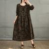 Real Autumn New Retro Loose Large Size Splicing Cotton and Linen Printing Round Neck Long Sleeve Dress Women's Long Dress