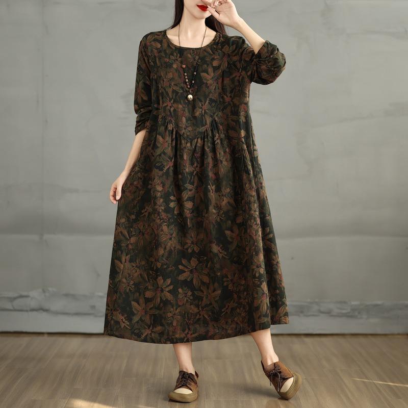 Real Autumn New Retro Loose Large Size Splicing Cotton and Linen Printing Round Neck Long Sleeve Dress Women's Long Dress