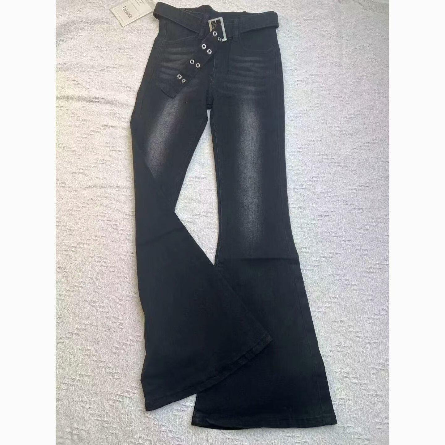 

Ретро черные расклешенные джинсы с высокой посадкой и поясом - Женские облегающие брюки в пол S