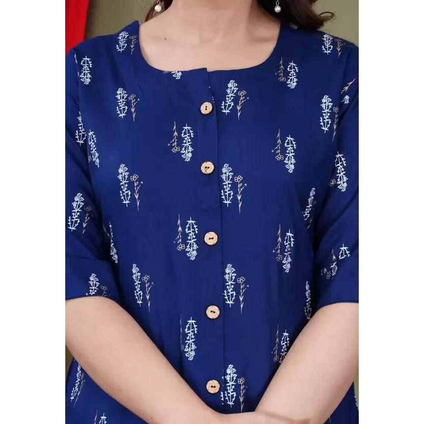Women's Casual Regular Sleeves Printed Blue Top Kurta Indian Pakistani Top Tunic VF-1898a