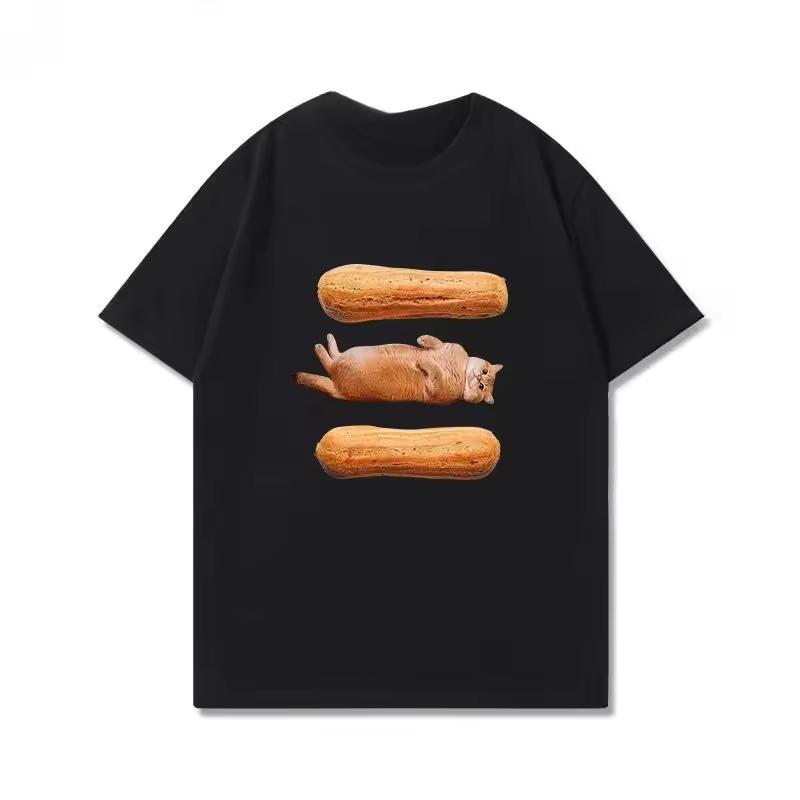 Summer New Trendy op Cat Sandwich Graphic Print Wo Fashionable Short Sleeved New Personalized Casual Round Neck Tee