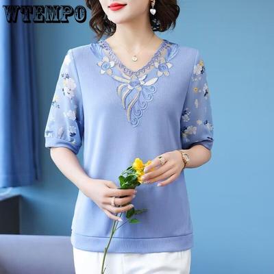 Zomer T-shirt met korte mouwen voor mama Middenjarige dames Top van ijszijde Gebreide trui voor middenjarige en oudere vrouwen