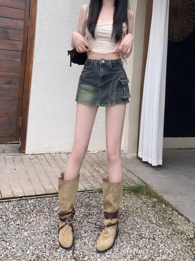 2024 Summer American Retro High-Waist A-Line Denim Skirt with Pockets