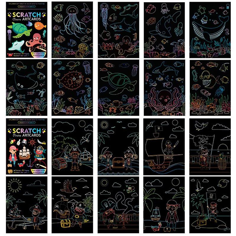 18 PCS Scratch Painting Papers Magic Rainbow Colored Drawing Set Space Animal Ocean Pirate Bamboo Stick Gifts for Boys Girls ZYF