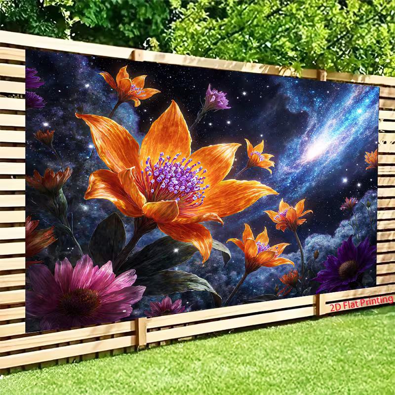 2D Themed Tapestry for Modern Decor, Cosmic Flowers with a Bright Nebula and Starry Night