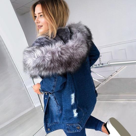 Veste en jean chaude d'hiver pour femmes, veste courte décontractée, veste doublée et rembourrée, col en fausse fourrure, veste en jean