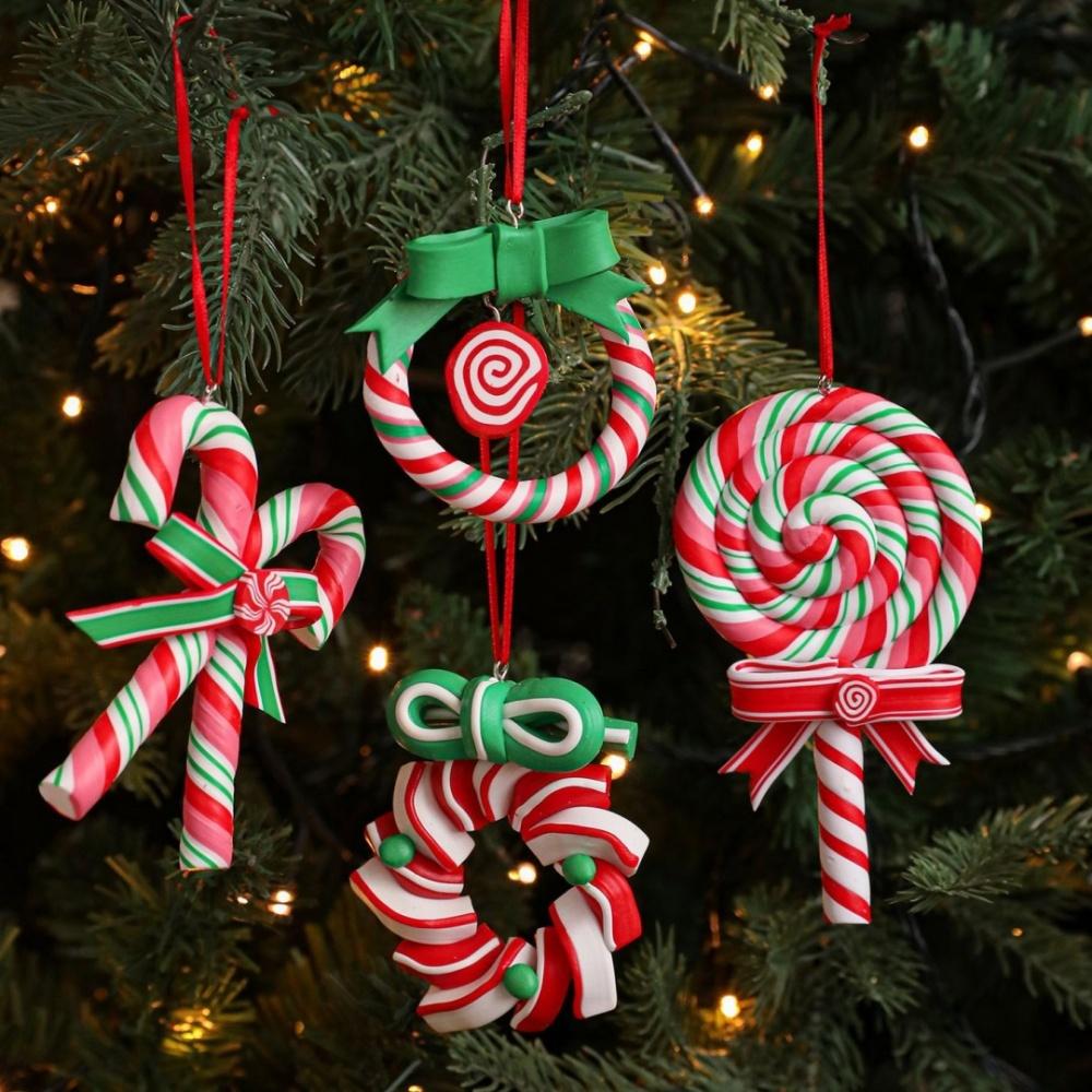 Drop Ornaments Realistic Christmas Pendant Lollipop Decoration Soft Ceramic Candy Cane Ornament For Christmas Tree Xmas Holiday