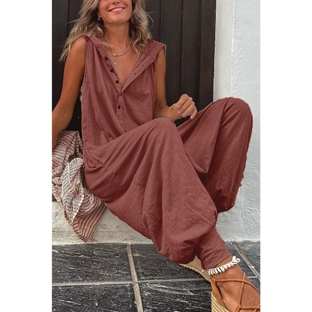 Women's Summer Casual Hooded Jumpsuit Loose Half Button Tapered Leg Romper Overall Pants