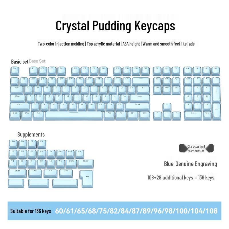Two-Color Side-Engraved Jelly Wave PBT Double-Layer Keycaps - Crystal Texture, Height 136 Full Set