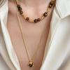 Retro Tiger Eye Stone Necklace Maillard Chain Choker Pearl Beaded Necklaces  Cloth Accessories
