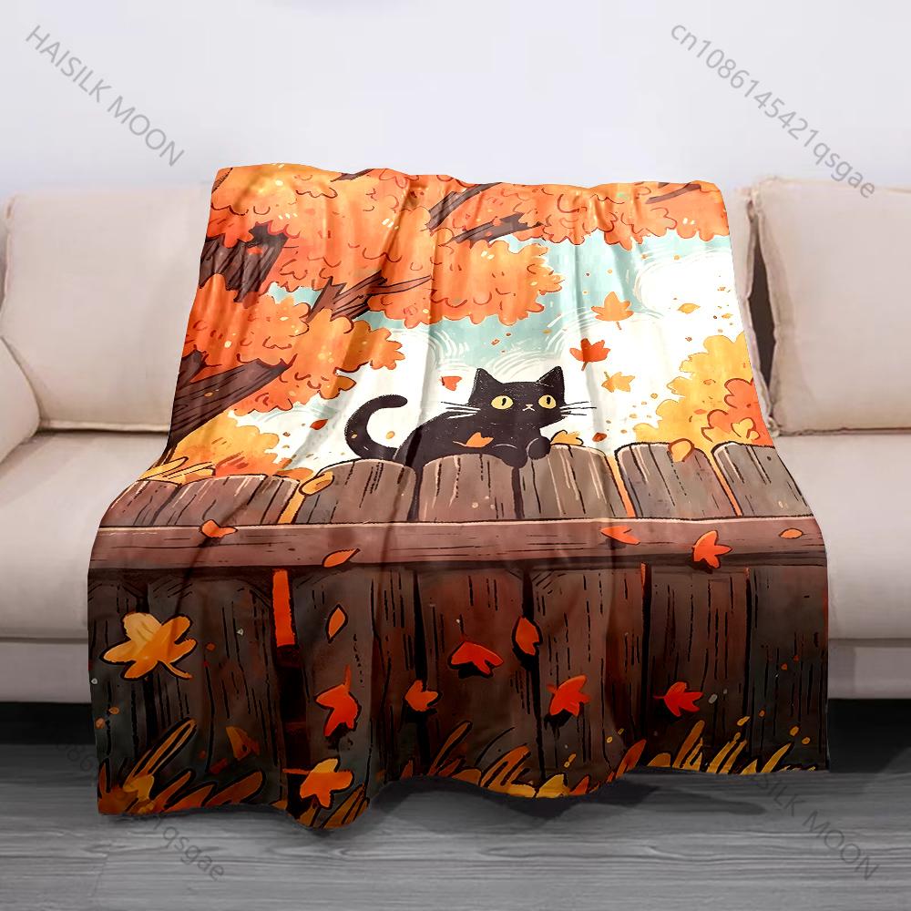 1PC Black cat on fence in autumn Print Adult Children Warm Blankets Home Travel Car Soft Comfortable Suitable for all seasons