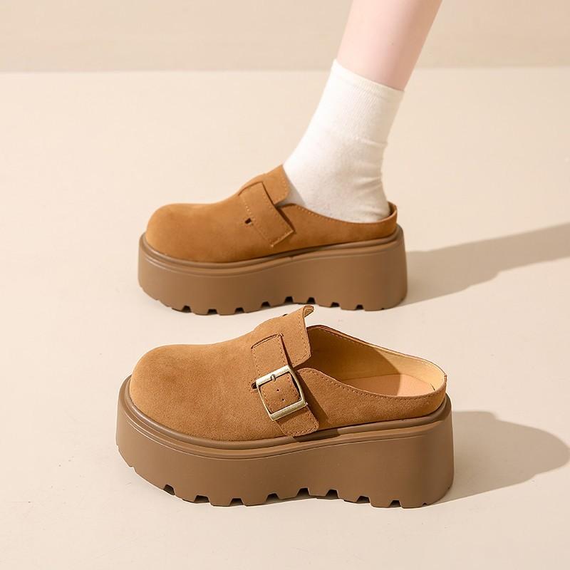 Women's Thick Bottom Half Slippers Spring Closed Toe Belt Buckle Heightened Breathable Casual Outdoor Slippers